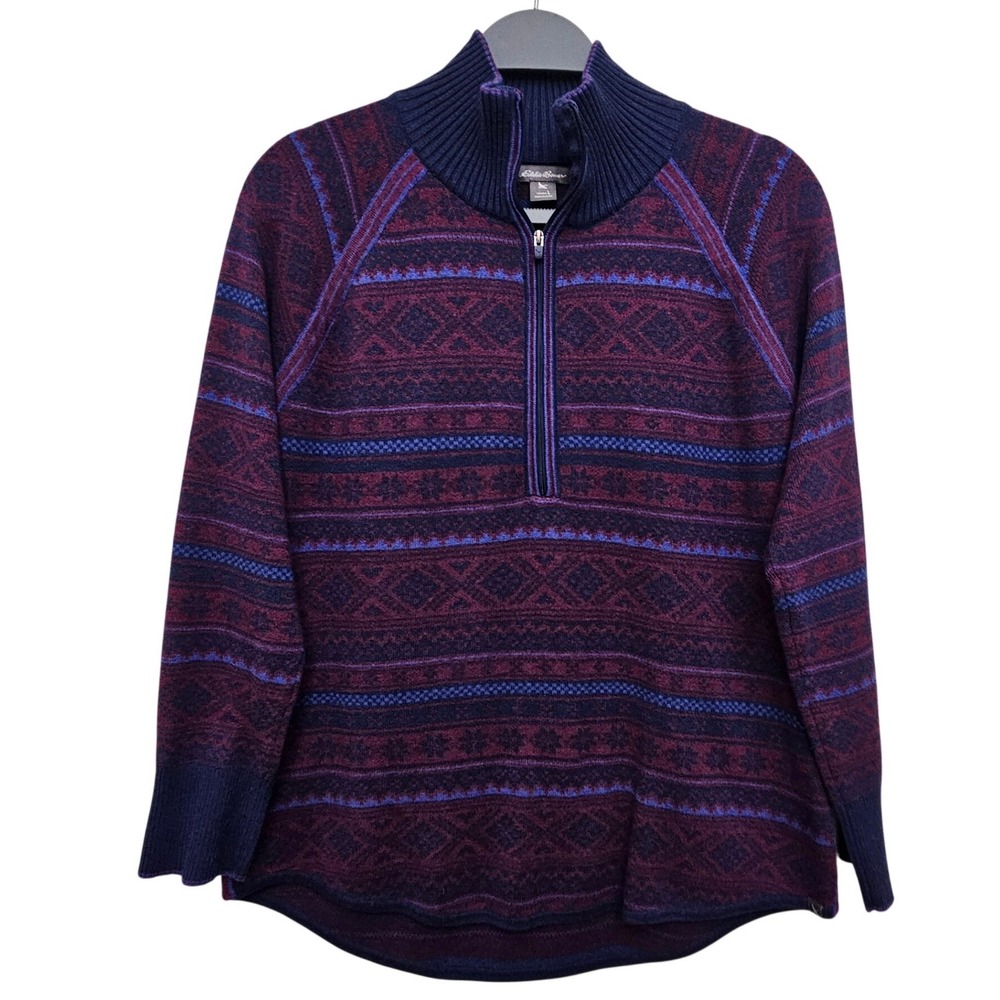 Eddie Bauer Pullover Sweater Womens L Purple Fair Isle Quarter Zip Mock Neck